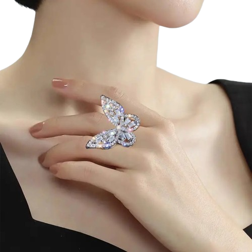 Womens Butterfly Ring,Fashion Rhinestone Butterfly Ring Personality Hollow Butterfly Ring Adjustable Open Crystal Ring Girls Exquisite Zirconia Ring Jewelry Gift for Birthday Party-Silver