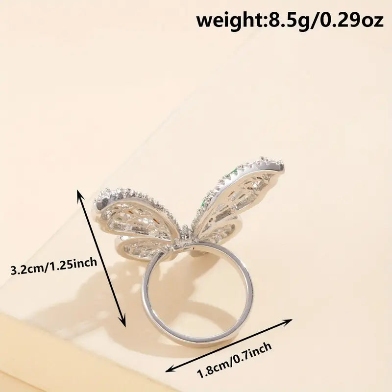 Womens Butterfly Ring,Fashion Rhinestone Butterfly Ring Personality Hollow Butterfly Ring Adjustable Open Crystal Ring Girls Exquisite Zirconia Ring Jewelry Gift for Birthday Party-Silver