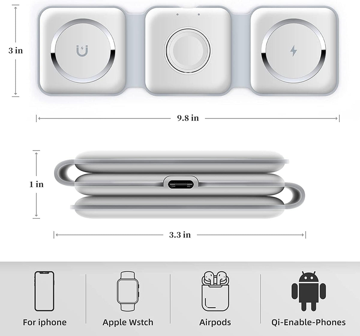 Wireless Charger 3 in 1, Magnetic Foldable Wireless Charging Station for iPhone 13/12/11 Pro Max/X/Xs Max/8/8 Plus, AirPods 3/2/pro, iWatch Series 7/6/5/SE/4/3/2, and Samsung Phones(White), USB