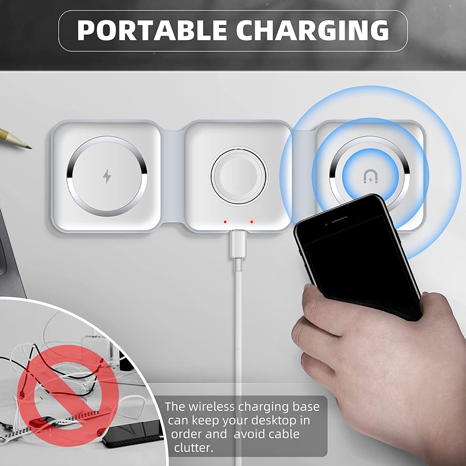 Wireless Charger 3 in 1, Magnetic Foldable Wireless Charging Station for iPhone 13/12/11 Pro Max/X/Xs Max/8/8 Plus, AirPods 3/2/pro, iWatch Series 7/6/5/SE/4/3/2, and Samsung Phones(White), USB