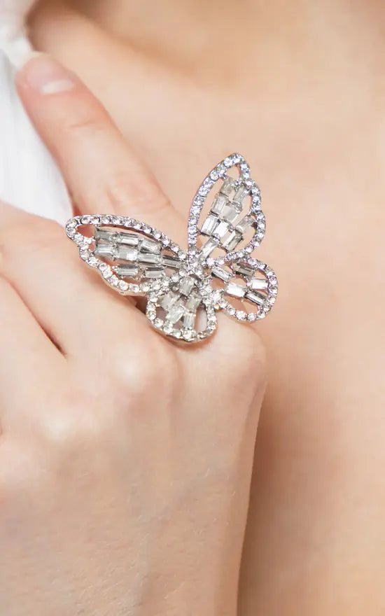 Womens Butterfly Ring,Fashion Rhinestone Butterfly Ring Personality Hollow Butterfly Ring Adjustable Open Crystal Ring Girls Exquisite Zirconia Ring Jewelry Gift for Birthday Party-Silver