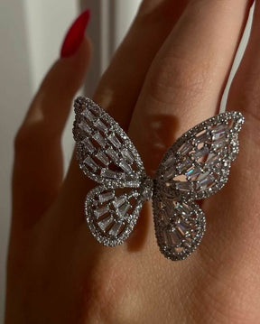 Womens Butterfly Ring,Fashion Rhinestone Butterfly Ring Personality Hollow Butterfly Ring Adjustable Open Crystal Ring Girls Exquisite Zirconia Ring Jewelry Gift for Birthday Party-Silver