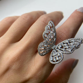 Womens Butterfly Ring,Fashion Rhinestone Butterfly Ring Personality Hollow Butterfly Ring Adjustable Open Crystal Ring Girls Exquisite Zirconia Ring Jewelry Gift for Birthday Party-Silver